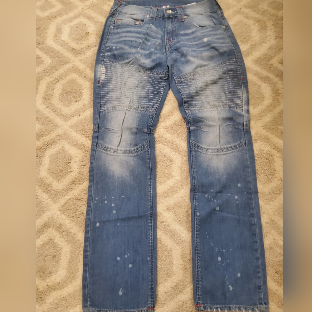 Mens Moto True Religion Jeans With Paint Splatter Details, Size 31